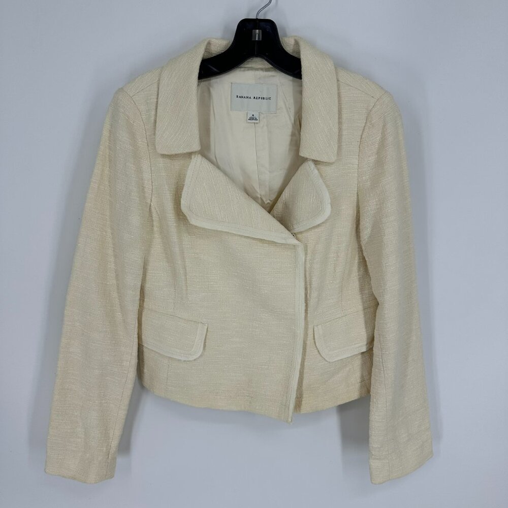 Banana Republic Tweed Moto Jacket 4 Asymmetrical Blazer Cotton Cream Snap Button